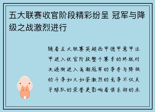 五大联赛收官阶段精彩纷呈 冠军与降级之战激烈进行