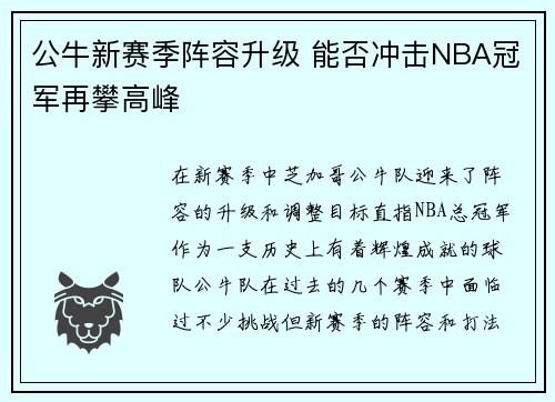 公牛新赛季阵容升级 能否冲击NBA冠军再攀高峰